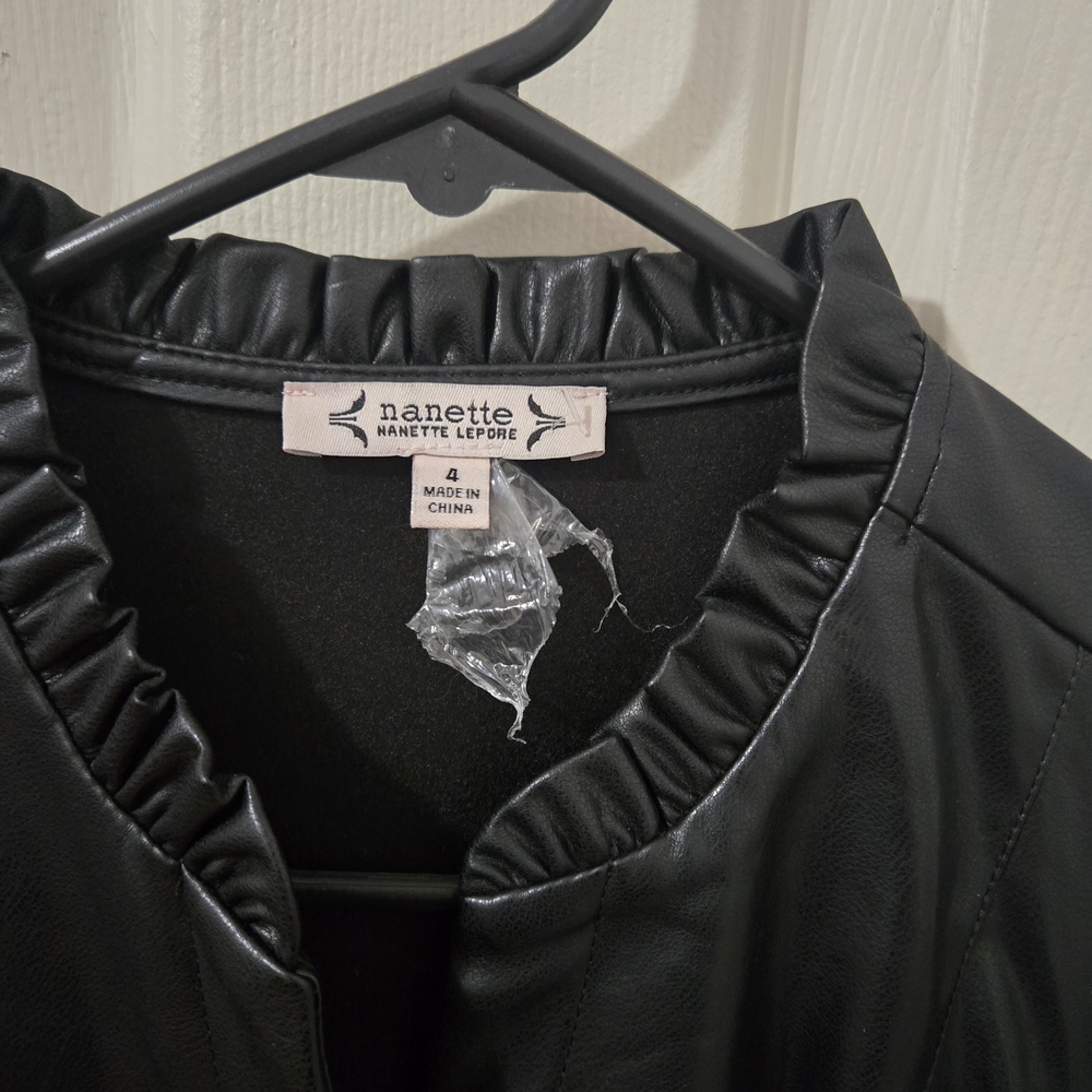 Nanette Lepore Faux Leather Belted  Black Button Up Midi Dress Sz 4 - Picture 6 of 9